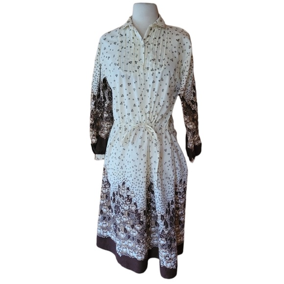 Vintage Dresses & Skirts - Vintage Lathy? Off White & Brown Floral Dress